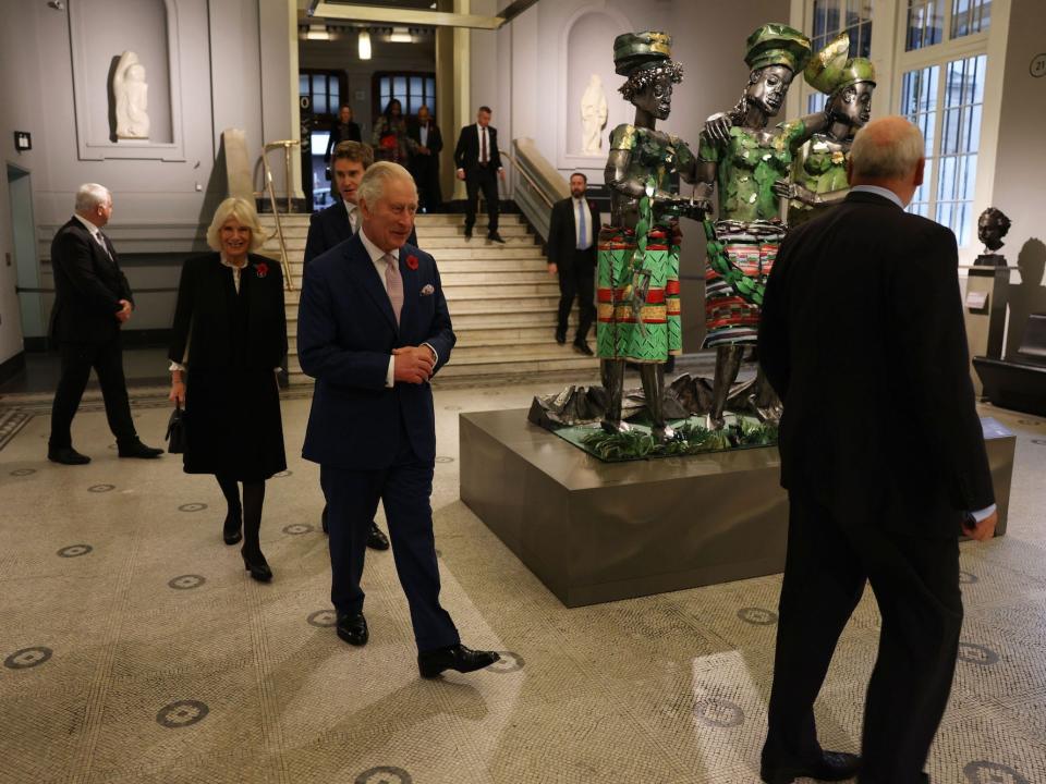 King Charles III and Camilla, Queen Consort, visit the "Africa Fashion" exhibition at The V&A on November 3, 2022 in London, England.