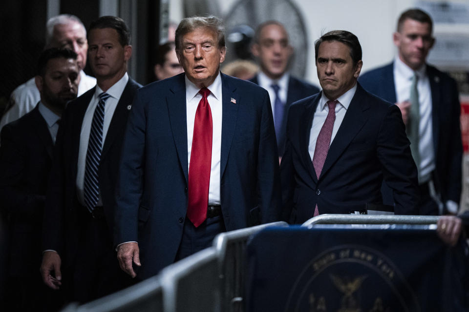 NEW YORK, NEW YORK - APRIL 15: Former U.S. President Donald Trump arrives ahead of the start of jury selection at Manhattan Criminal Court on April 15, 2024 in New York City. Former President Donald Trump faces 34 felony counts of falsifying business records in the first of his criminal cases to go to trial. (Photo by Jabin Botsford-Pool/Getty Images)