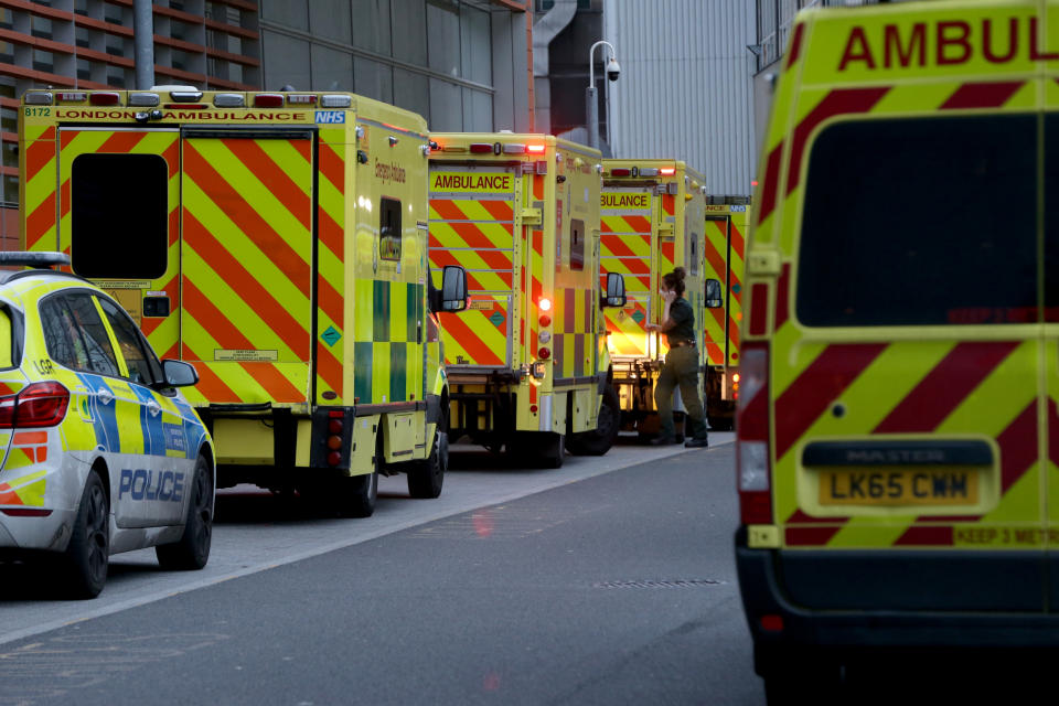 LONDON, ENGLAND - DECEMBER 20: Ambulances outside The Royal London Hospital in London, U.K., on December 20, 2021. UK recorded 91,743 COVID-19 cases and 44 deaths in the last 24 hours. (Photo by Hasan Esen/Anadolu Agency via Getty Images)