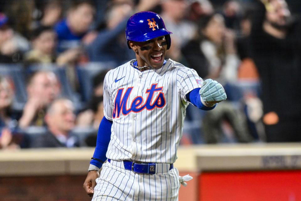New York Mets shortstop Francisco Lindor reacts after scoring a run against the Pittsburgh Pirates during the sixth inning on April 15, 2024, at Citi Field.