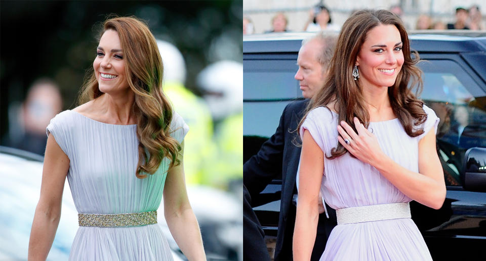 The Duchess of Cambridge wore the same McQueen dress in London last night (left) as she did in 2011 (right). (Getty Images)