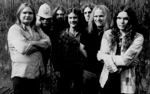 Lynyrd Skynyrd: L-R: Ed King, Leon Wilkeson, Artimus Pyle, Billy Powell, Allen Collins, Ronnie Van Zandt and Gary Rossington pose for a portrait in January 1975 - Credit: Getty