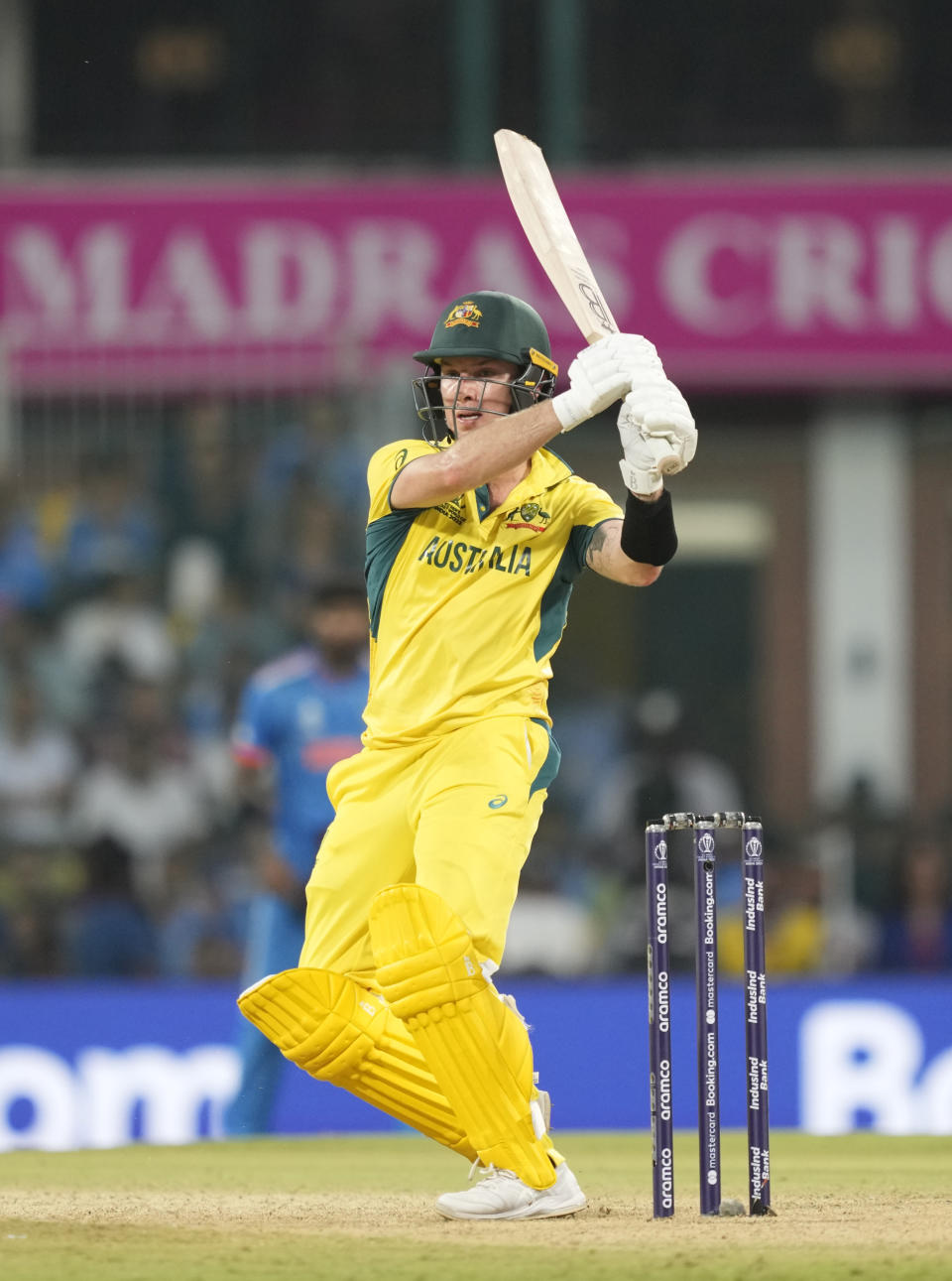 Australia's Adam Zampa plays a shot during the ICC Men's Cricket World Cup match between India and Australia in Chennai, India, Sunday, Oct. 8, 2023. (AP Photo/Eranga Jayawardena)