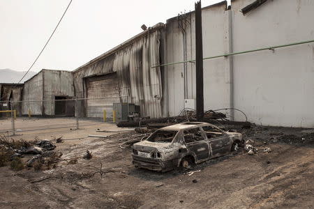 A damaged car sits in front of the Chelan Fruit Cooperative's tree fruit packing plant, which was severely burnt by the Chelan Complex Fire, in Chelan, Washington August 18, 2015. REUTERS/David Ryder