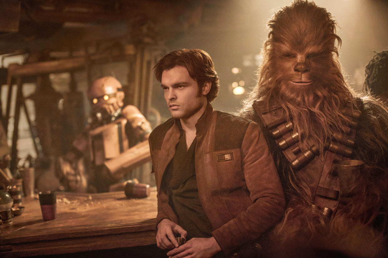 Alden Ehrenreich is Han Solo and Joonas Suotamo is Chewbacca in SOLO: A STAR WARS STORY. ©Walt Disney Co./courtesy Everett / Everett Collection