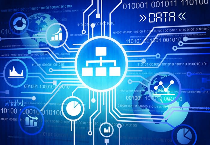 Illustrated charts and data getting shared around the globe, illustrating cloud computing.