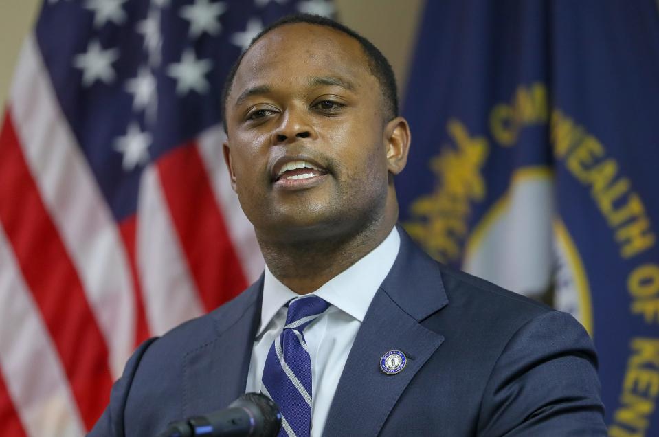 Kentucky Attorney General Daniel Cameron speaks to the media during a press conference talking about acting as Special Prosecutor in the case of the killing of Breonna Taylor by LMPD officers on June 18, 2020