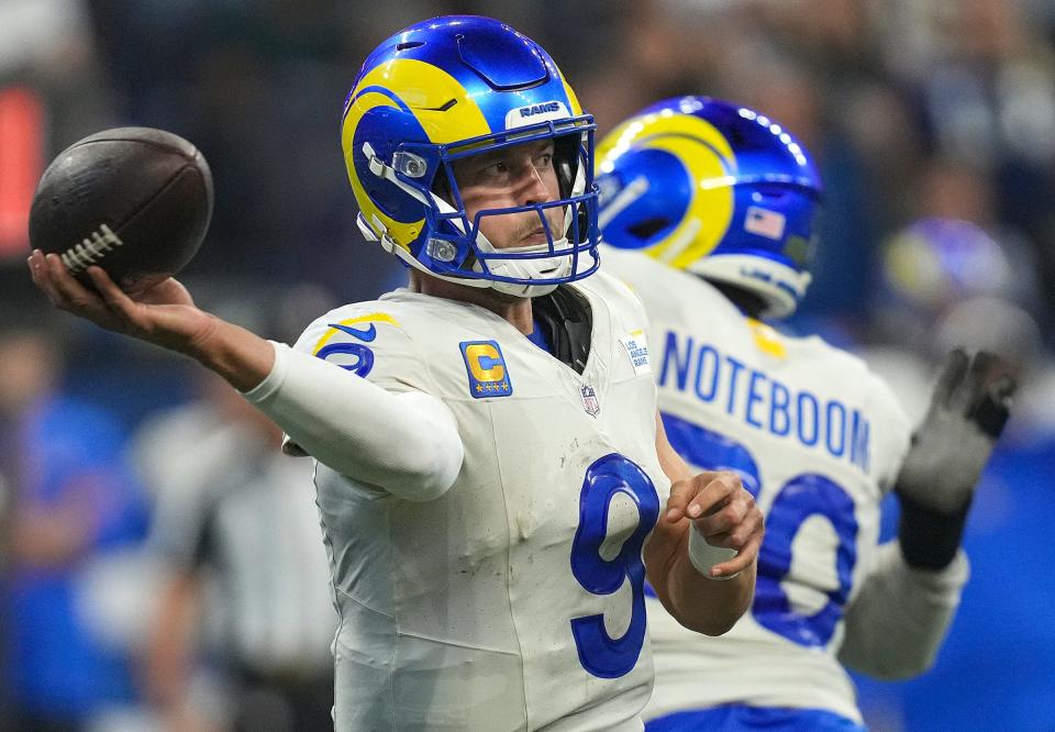 Los Angeles Rams quarterback Matthew Stafford (9) passes during the second half of the game on Sunday, Oct. 1, 2023, at Lucas Oil Stadium in Indianapolis. The Colts lost in overtime, 29-23.