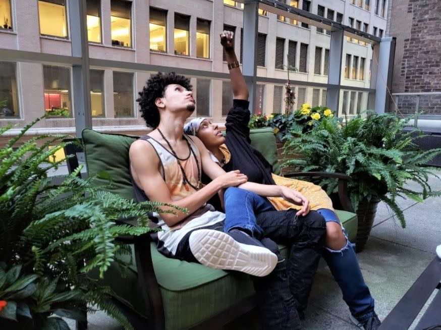 Gazes upward, always: the author, seated with a friend at the Hope Lodge in New York City, in 2018. (Photo: Courtesy of Jacqueline Dyre)