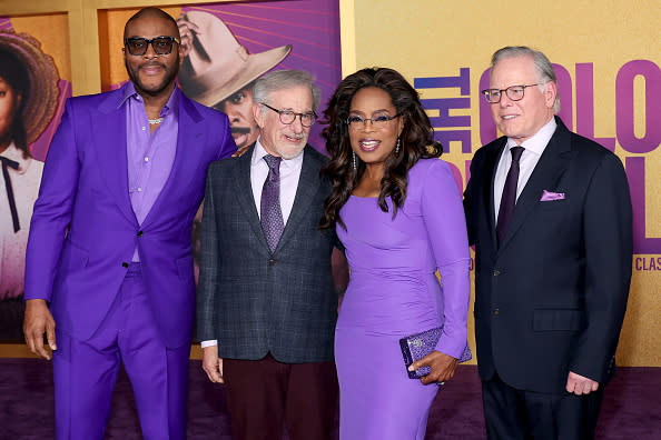 LOS ANGELES, CALIFORNIA – DECEMBER 06: (L-R) Tyler Perry, Steven Spielberg, Oprah Winfrey and David Zaslav attend the World Premiere of Warner Bros.’ “The Color Purple” at Academy Museum of Motion Pictures on December 06, 2023 in Los Angeles, California. (Photo by Leon Bennett/Getty Images)