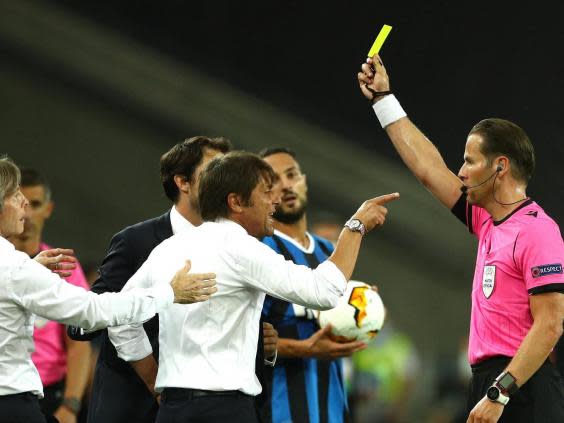 Conte was booked for remonstrating with the referee as Inter were beaten by Sevilla (Getty Images)