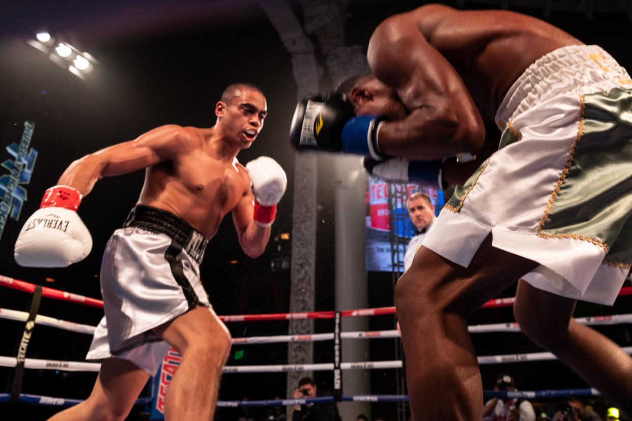 LOS ANGELES, CALIFORNIA - MARCH 21: David "June Bug" Mijares fights Antonio Sanchez at Avalon Hollywood on March 21, 2019 in Los Angeles, California. (Photo by Sye Williams/Golden Boy/Getty Images)