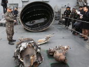 Metal objects believed to be a part of North Korean long range rocket launched on February 7, 2016, are seen at a naval base in Pyeongtaek, South Korea, February 11, 2016. REUTERS/Hong Ki-won/Yonhap