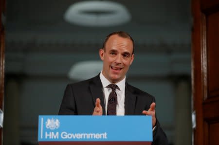 Britain's Secretary of State for Exiting the European Union, Dominic Raab gestures during his speech outlining the government's plans for a no-deal Brexit in London, Britain. Aug 23, 2018. REUTERS/Peter Nicholls