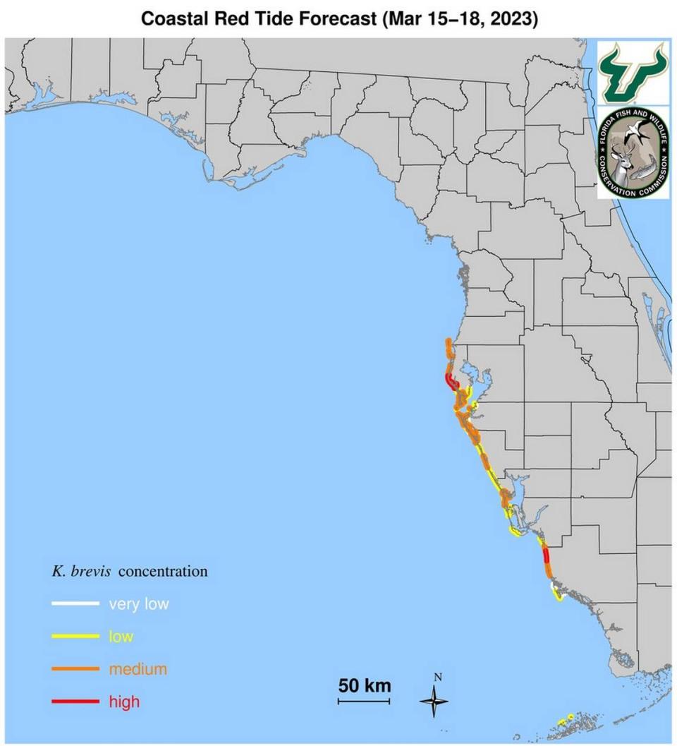 A map shows a short-term red tide forecast for Southwest Florida from the University of South Florida College of Marine Science’s Ocean Circulation Lab. 