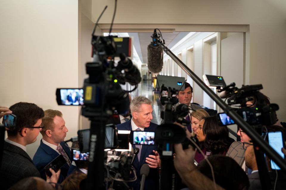 Former House Speaker Kevin McCarthy (R-CA) speaks with members of the press as he arrives for a House GOP Conference meeting as House lawmakers seek to elect a new speaker in Washington on Oct. 24, 2023. Speaker Kevin McCarthy was voted out of the job on Tuesday, Oct. 3, 2023 in a move led by a group of hardline House conservatives.