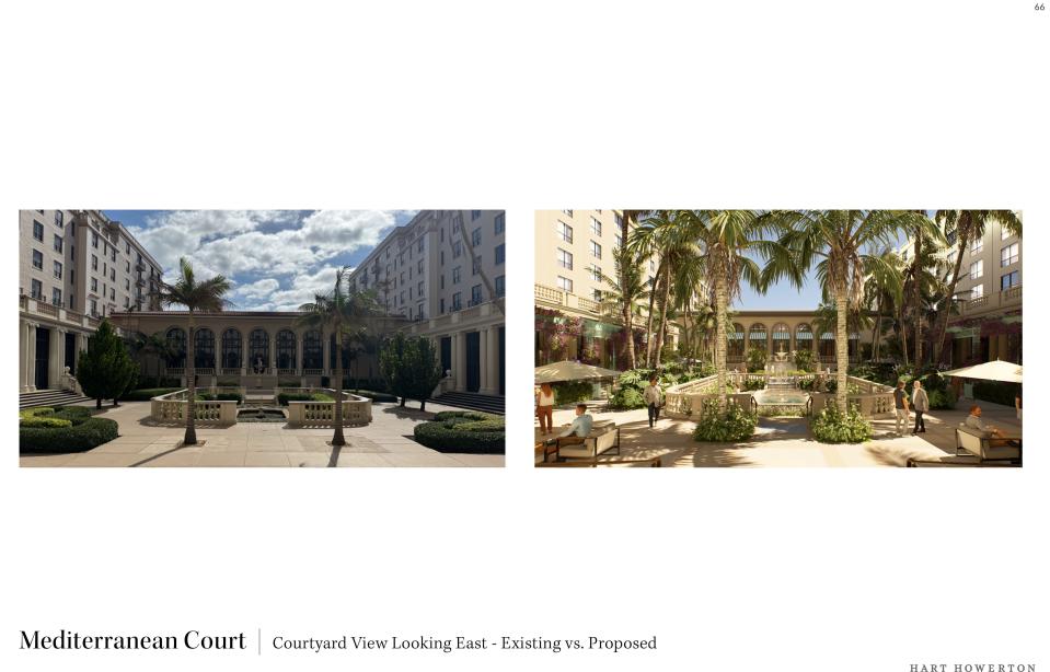 These images from an April 10 presentation to the Town Council show provide a before-and-after look at the Mediterranean Courtyard at The Breakers in Palm Beach. The image on the left is the courtyard's current state, and the right shows the proposed changes.