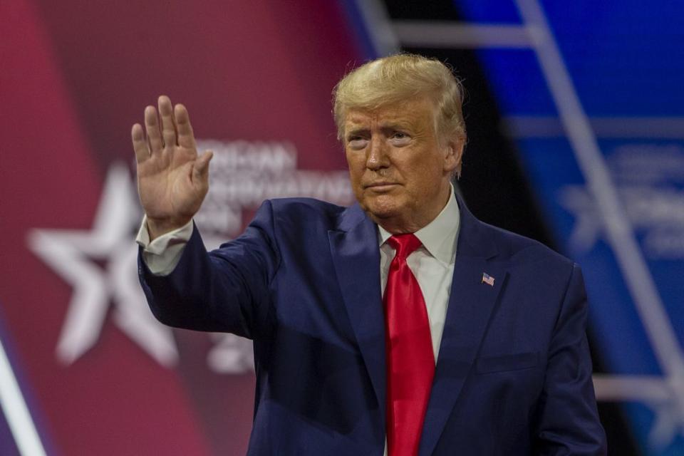 President Donald Trump acknowledges the crowd during the annual Conservative Political Action Conference (CPAC) at Gaylord National Resort & Convention Center February 29, 2020 in National Harbor, Maryland. (Photo by Tasos Katopodis/Getty Images)
