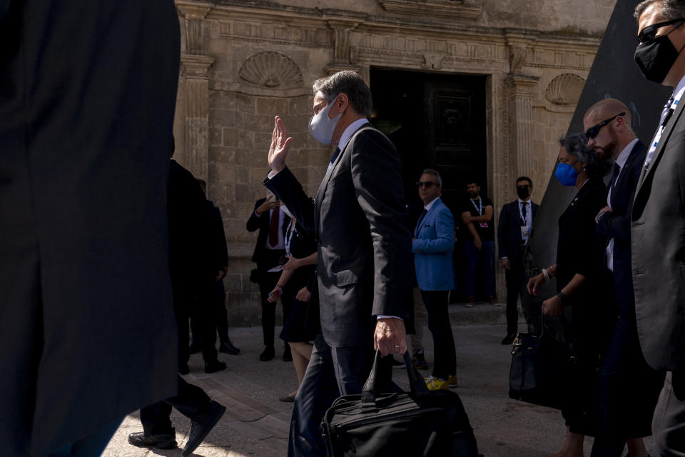 U.S. Secretary of State Antony Blinken arrives at a G20 foreign ministers meeting in Matera, Italy, Tuesday, June 29, 2021. Blinken is on a week long trip in Europe traveling to Germany, France and Italy. (AP Photo/Andrew Harnik, Pool)