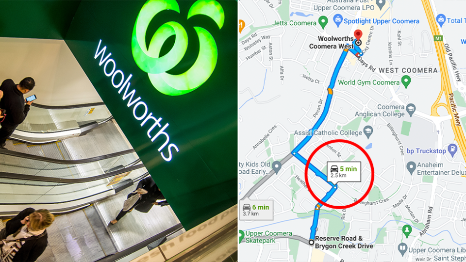 Left - escalators going down to a Woolworths store. Right - a Google Map showing the distance from the Upper Coomera development site to Woolworths Coomera West