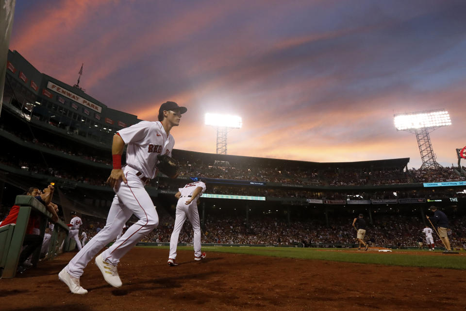 Boston Red Sox centerfielder Jarren Duran takes the field for the fourth inning of a baseball game against the New York Yankees at Fenway Park Sunday, Aug. 14, 2022, in Boston. (AP Photo/Paul Connors)