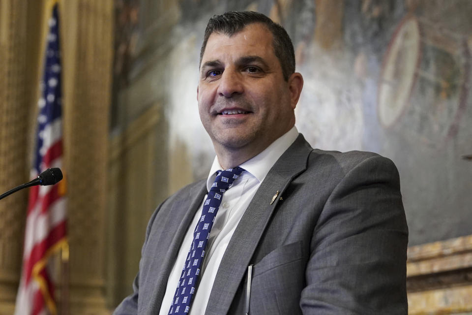 Pennsylvania Speaker of the House Mark Rozzi is photographed at the speaker's podium, Tuesday, Jan. 3, 2023, at the state Capitol in Harrisburg, Pa. (AP Photo/Matt Smith)