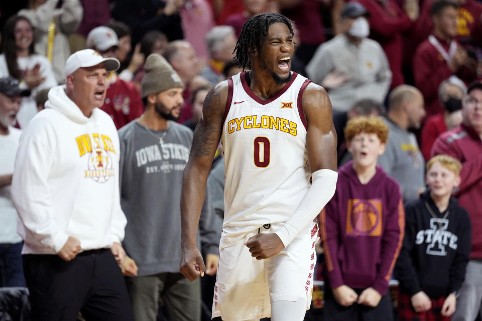 Iowa State forward Tre King celebrates at the end of an NCAA college basketball game against Houston, Tuesday, Jan. 9, 2024, in Ames, Iowa. Iowa State won 57-53. (AP Photo/Charlie Neibergall)