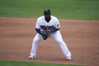 Minnesota Twins' Miguel Sano gets ready for a play on first base in the second inning during a spring training baseball game on Sunday, Feb. 28, 2021, in Fort Myers, Fla. (AP Photo/Brynn Anderson)