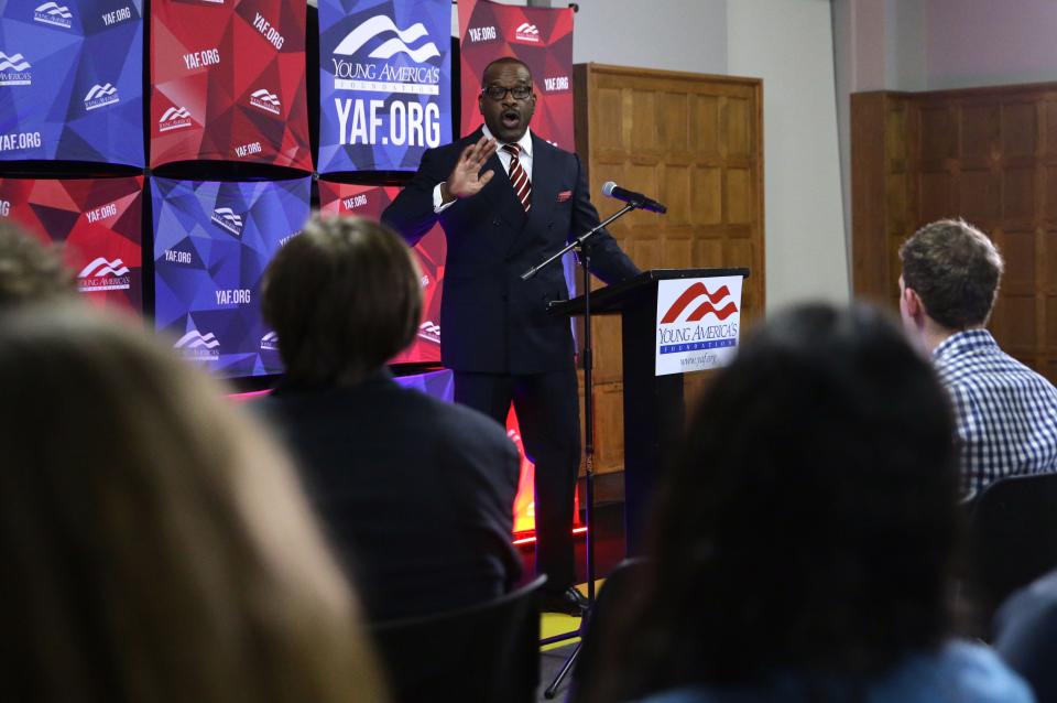 Vince Everett Ellison speaks about DEI and abortion during a Young Americans for Freedom lecture Monday, Feb. 26, 2024 on the University of Iowa campus in Iowa City, Iowa.