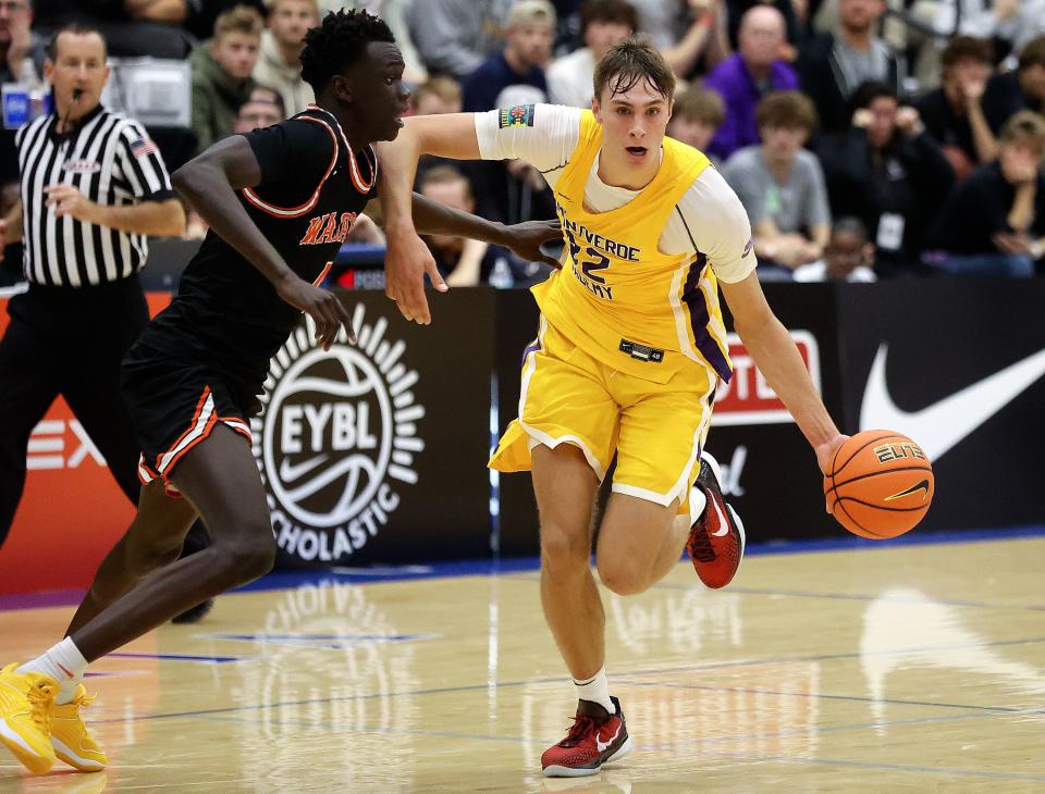 Wasatch Academy’s Bhan Buon guards Montverde Academy’s Cooper Flagg