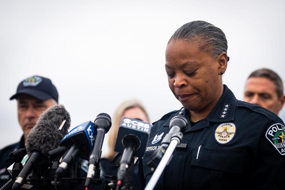 Interim Austin Police Chief Robin Henderson speaks to the media about Saturday's shooting death of a police officer. Henderson noted that police were still "in the early stages of investigations.”