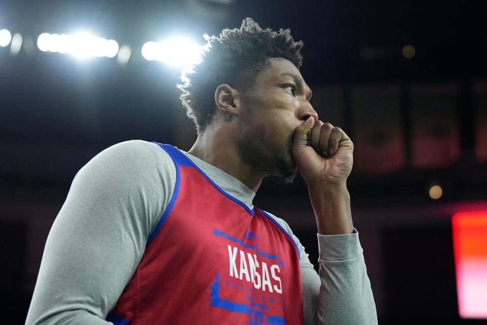 Kansas forward David McCormack warms up during practice for the Final Four of the NCAA tournament on April 1, 2022, in New Orleans.