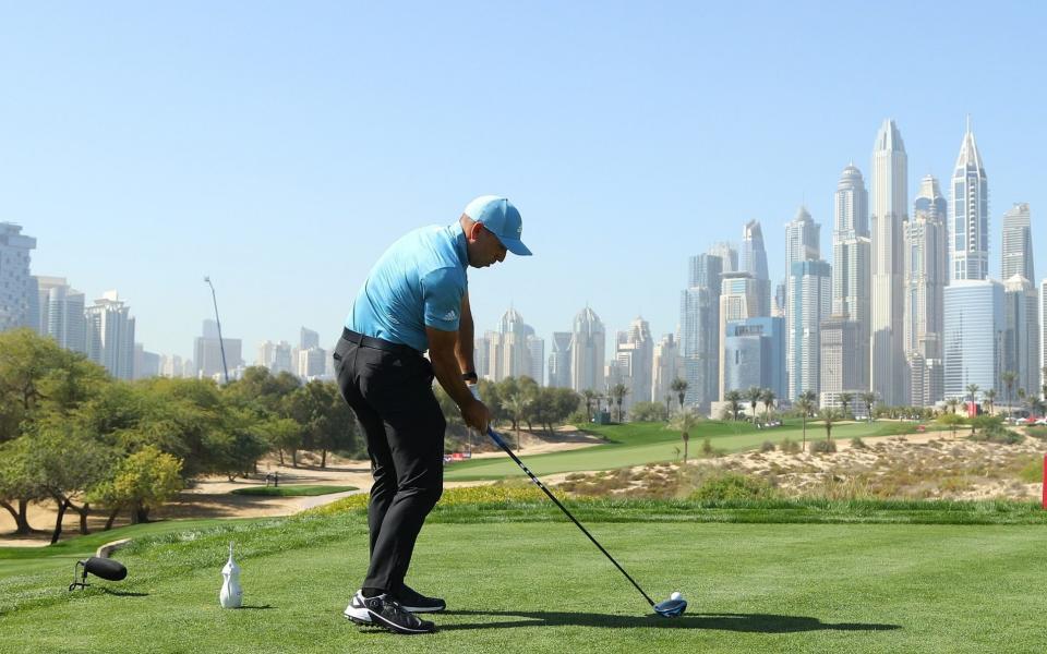 Sergio Garcia of Spain tees off on the eighth during Day One of the Omega Dubai Desert Classic - Warren Little /Getty Images Europe 