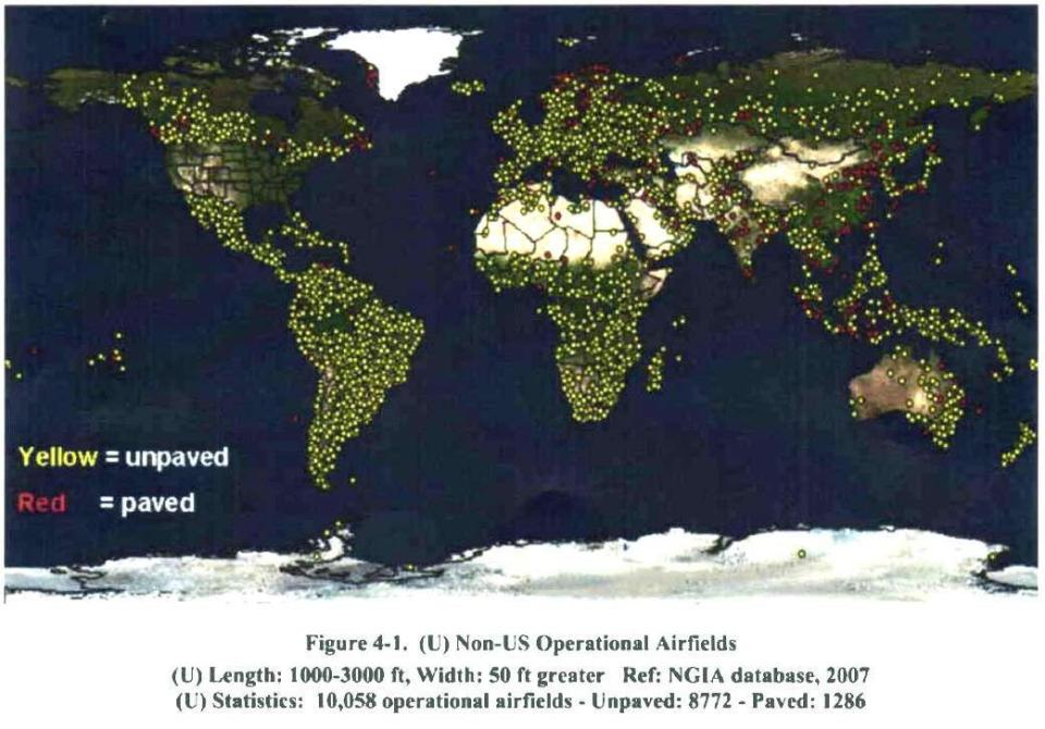 An unclassified map showing non-US airfields the US military identified in the past as being potentially suitable for possible use in future operations. Not the majority of them are unpaved and that this is just established airstrips, not things like beaches or roads. <em>USAF via FOIA </em>