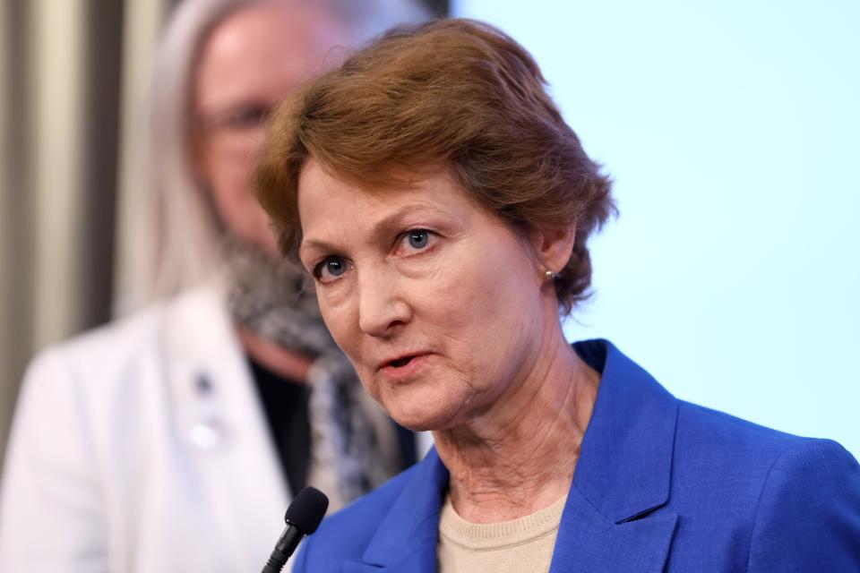 Sen. Kay Floyd speaks during a press conference with Senate and House Democrats Ryan Walters in Oklahoma City, Thursday, April 11, 2024.