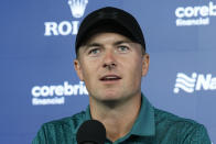 Jordan Spieth speaks during a news conference during the PGA Championship golf tournament at the Valhalla Golf Club, Tuesday, May 14, 2024, in Louisville, Ky. (AP Photo/Sue Ogrocki)