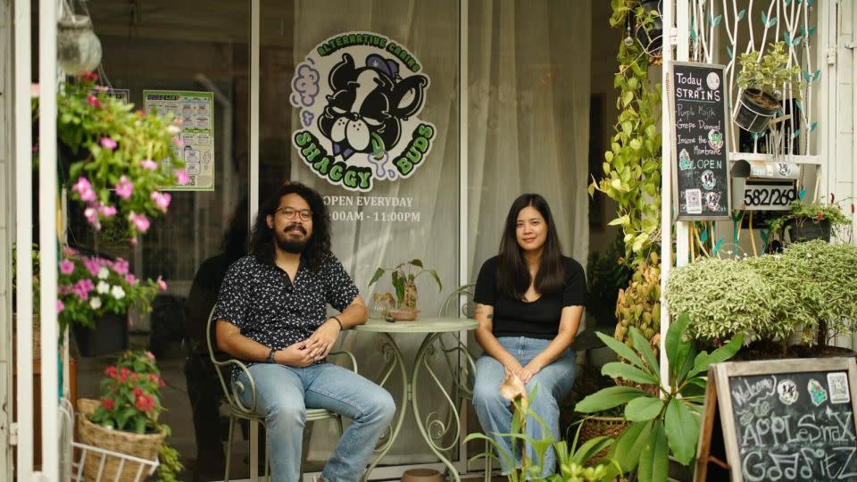Cannabis couple entrepreneurs Attakrist and Iemvijan at their Shaggy Buds dispensary in Bangkok. - Wisawa Mcintyre/Turk