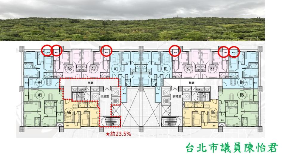 大直公辦都更設計圖，有山景等景觀的一面，被設計成曬衣的陽台。翻攝陳怡君臉書