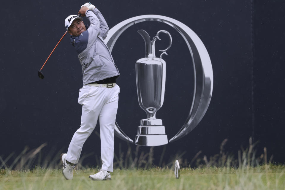 Japan's Hideki Matsuyama tees off the first during a practice round for the British Open Golf Championships at the Royal Liverpool Golf Club in Hoylake, England, Tuesday, July 18, 2023. The Open starts Thursday, July 20. (AP Photo/Peter Morrison)