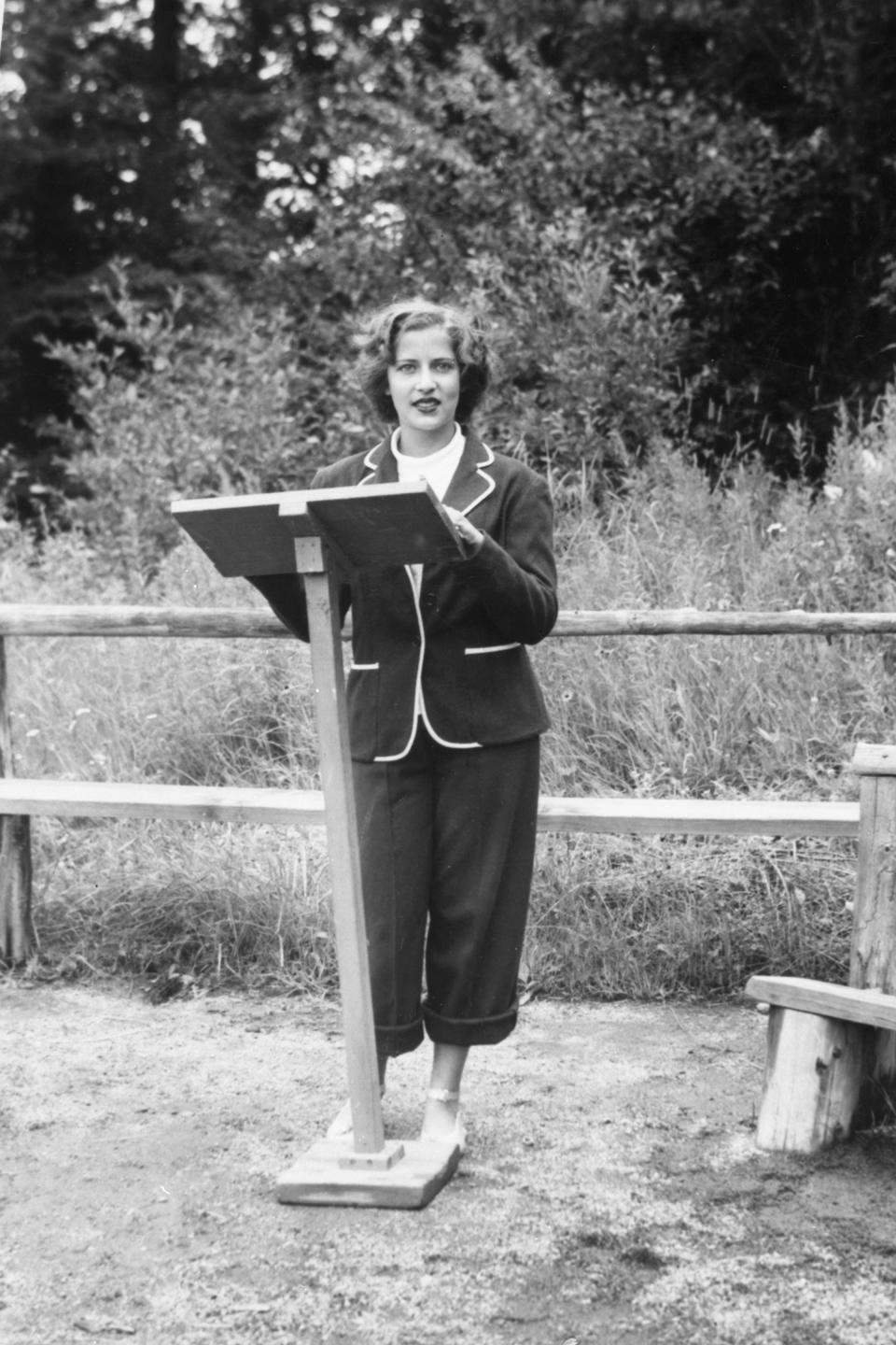 This 1948 photo provided by the Supreme Court shows Ruth Bader, at age 15, giving a sermon as the camp rabbi at Che-Na-Wah in Minerva, N.Y. Supreme Court Justice Ruth Bader Ginsburg died at her home in Washington, on Sept. 18, 2020, the Supreme Court announced. (Collection of the Supreme Court of the United States via AP)