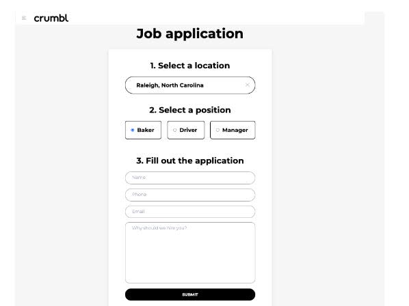 Crumble Cookies three-part online job application: select a location, select a position, why should we hire you.