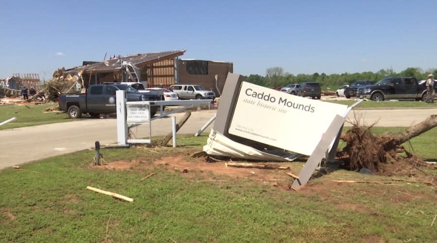 Photos of the aftermath of the tornado at the Caddo Mounds State Historic Site in 2019