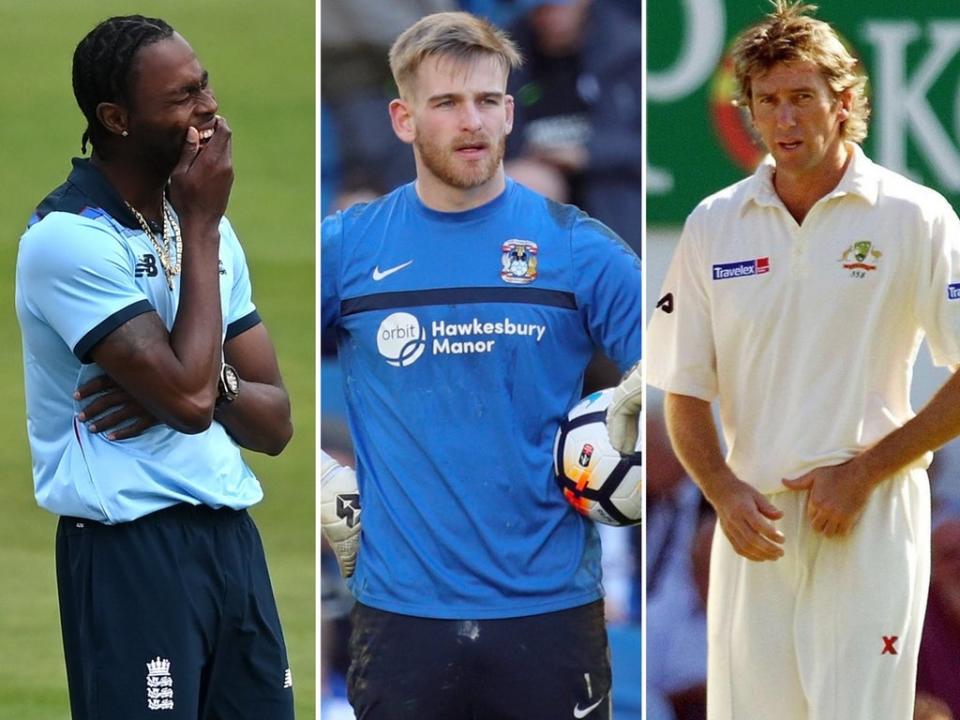 Jofra Archer, Lee Burge and Glenn McGrath (PA)