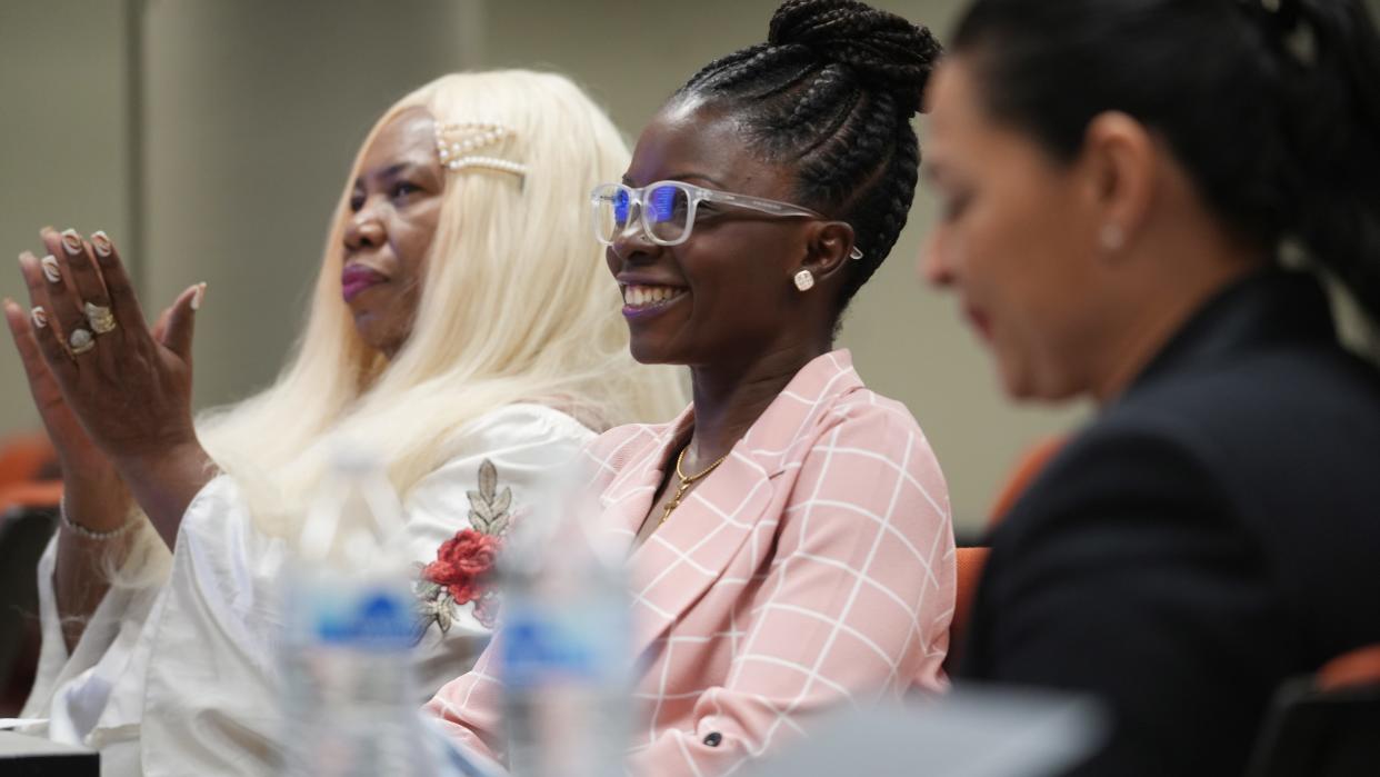 Barbara Burden (left), Olubunmi Adekanbi (center) and Darsy Amaya take part in the city of Columbus' New American Leadership Academy in 2022.