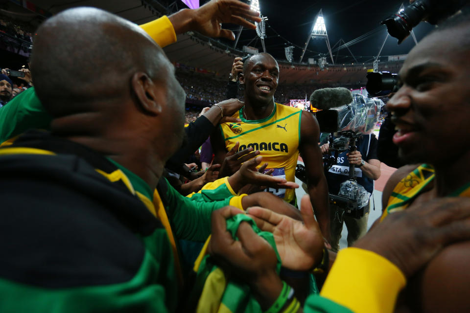 LONDON, ENGLAND - AUGUST 05: Usain Bolt of Jamaica celebrates winning gold in the Mens 100m Final on Day 9 of the London 2012 Olympic Games at the Olympic Stadium on August 5, 2012 in London, England. (Photo by Alexander Hassenstein/Getty Images)