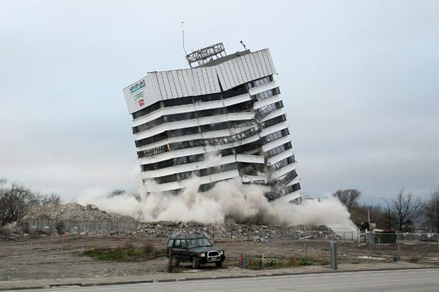 Earthquake Damaged Building Blown Up In Controlled Demolition