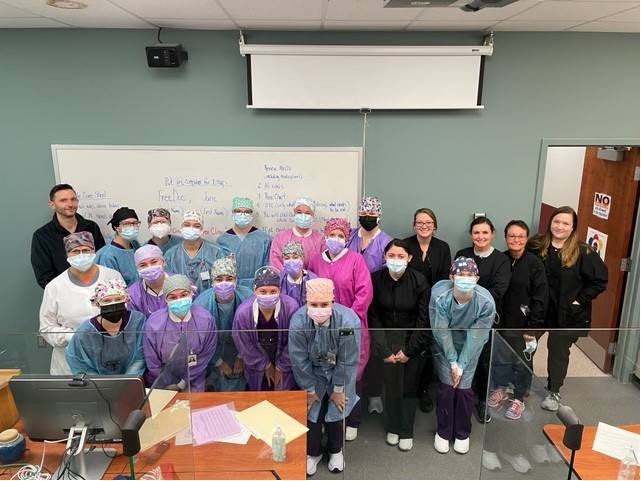 The first- and second-year dental hygiene students at Roane State who participated in the second free dental clinic in the community college’s Coffey/McNally Building in Oak Ridge are pictured, along with dentist Jay Hollingsworth and five graduates of the program who served as mentors. The mentors are in black scrubs.