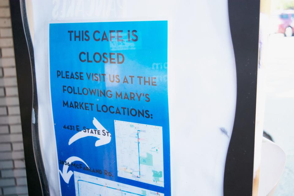 A sign indicating that the Mary's Market Edgebrook shopping center cafe is closed sits next to the door on June 21, 2022, at 1659 N. Alpine Road, Rockford. Mary's hoped to reopen the location after COVID-19 restrictions were lifted but could not not overcome staffing and other pandemic-related challenges to make that happen.