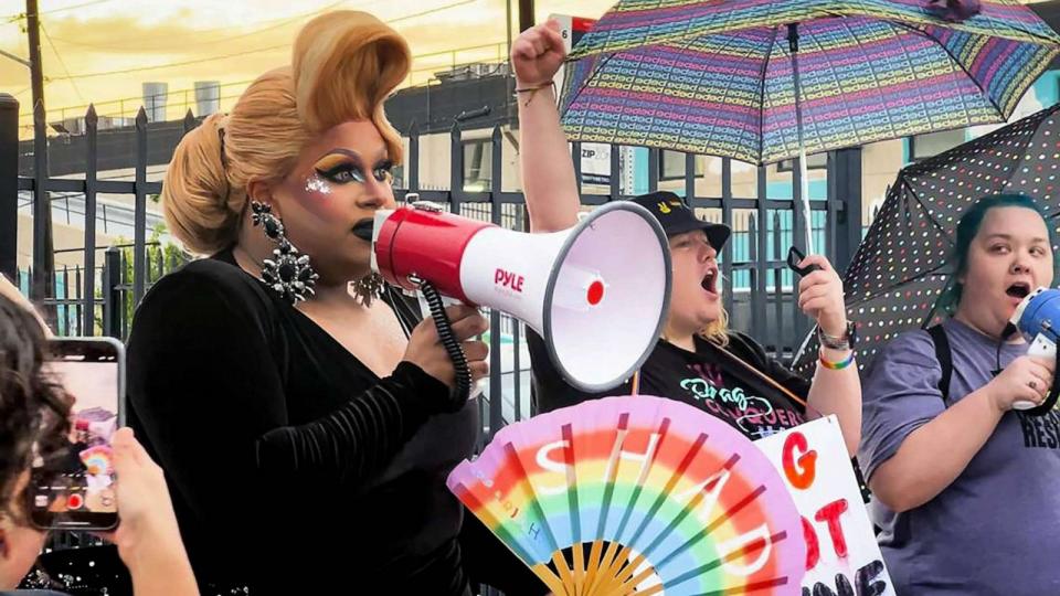 PHOTO: FILE - Kiba Walker in drag as Salem Moon addresses anti-drag protesters outside of Tulips, March 27, 2023. (andice Bolden/Fort Worth Star-Telegram/TNS via Getty Images, FILE)