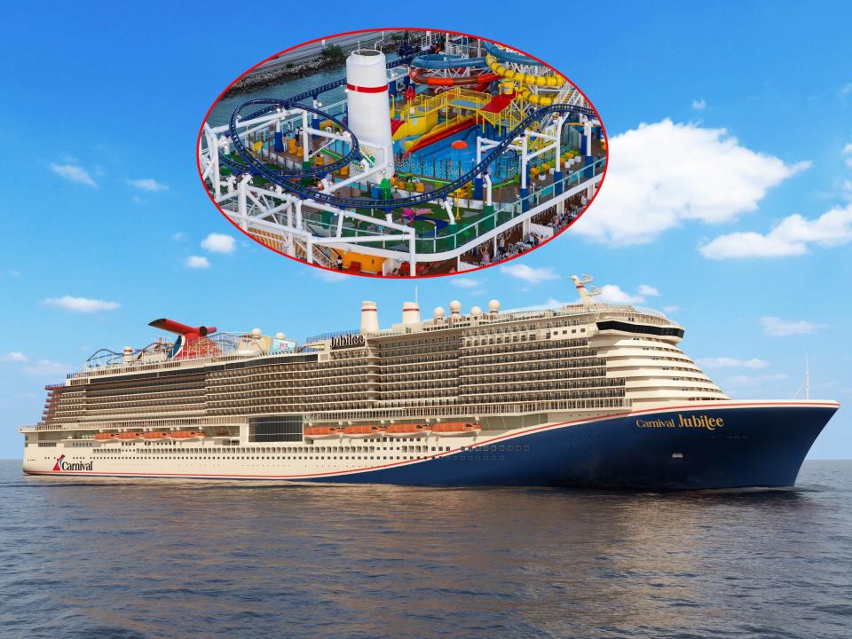 A rendering of Carnival Jubilee and a snapshot of the rollercoaster onboard Carnival Celebration